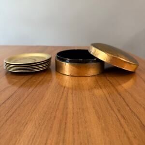 Coaster Set of 6 Gold Tone Metal Aged Patina Black Lacquer Round Wood Box Japan